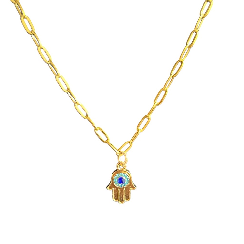 Hamsa Hand Evil Eye Gold Tone Necklace Dainty Paperclip Chain Charm Jewelry